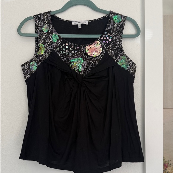 See By Chloe Tops - See By Chloe Black Tank with Green & Iridescent Sequin Embellishment